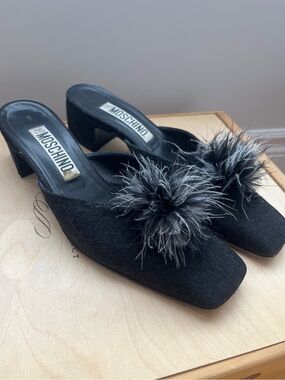 Vintage Moschino Charcoal Grey Pom Mule Heels